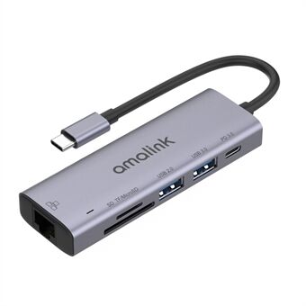 AMALINK AL-95122D 6 i 1 Type C Hub TF-kortlæser USB 2.0+3.0 PD 3.0 RJ45-adapter Op til 85W strømforsyning