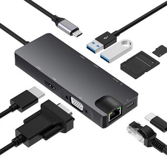 8 i 1 USB-C Hub Type C til RJ45 / PD 100W opladningsport / HD / Kortlæser / 3,5 mm lydstik / VGA / 2x USB 3.0-port dockingstation