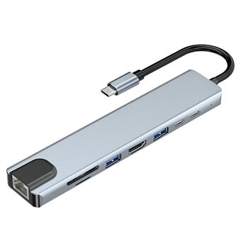 JUNSUNMAY JSM-HUB008 USB-C dockingstation 8-i-1 Type-C-adapter med HD 4K-udgang, PD-oplader, USB 3.0, 2xUSB 2.0, RJ45 Ethernet, 2x kortlæserpladser