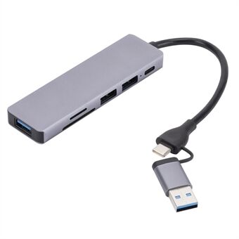 USB 2.0+Type C Hub Adapter High Speed Data Transmission 6-In-1 Computer Laptop Converter with 1xPD Port+3xUSB 3.0 Ports+2xCard Reader Slots