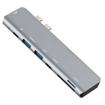 7 i 1 bærbar aluminiumslegering Dual Type-C Hub til USB 3.0 + USB C + USB + SD / TF-kortlæser Multiport Adapter Dongle til MacBook