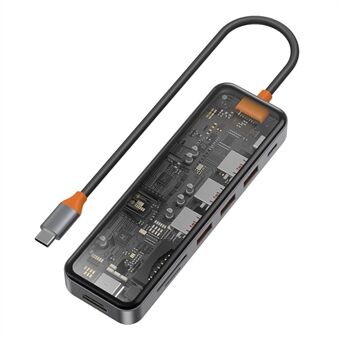 WIWU CB007 7-i-1 Type-C Hub Multi-Port dockingstation USB-C til HD 4K, PD 100W, USB3.0, TF Kortlæser Adapter Metal hærdet glas Transparent Converter