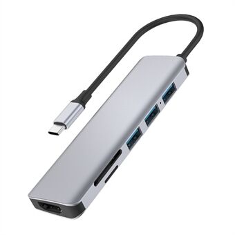 WIWU A731HC USB-C Hub 7-i-1-adapter til 3xUSB 3.0 + HD-videoudgang + 2 kortlæserpladser + 100W PD-opladning