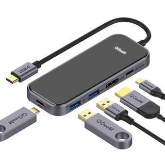 QGEEM QG-UH05-5 USB C Hub til 4K opløsning HD Video+2xUSB 3.0+PD Hurtigoplader+USB C Adapter til MacBook/MateBook/Andre Type-C-enheder
