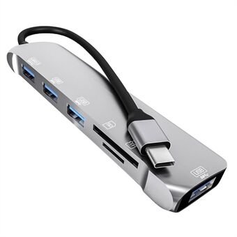 NK-3043H 6 in 1 Type-C to TF/Memory Card Slots/USB3.0 + 3 USB2.0 Converter Portable USB-C Multi-port Adapter for Keyboard, Mouse, External Hard Disk