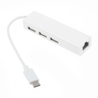 USB 3.1 Type C til 3-Port USB 2.0 Hub med Gigabyte Ethernet Adapter til Apple New MacBook  - Hvid