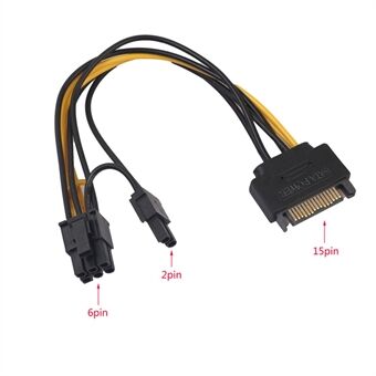 20 cm SATA-strømkabel Enkelt 15-pin SATA til 8-pin (6+2) PCI-E-adapterkabel