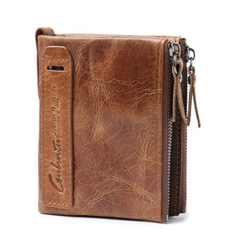 Retro Style Top-layer Cowhide Leather Card Slots Holder Purse Zipper Short Wallet