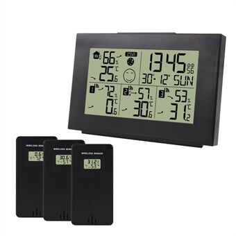 ZX3551D Digital Display Vejrstationsur med 3 trådløse sensorer, temperatur-/fugtighedsmålerur Multifunktionsvækkeur (ingen batteri)