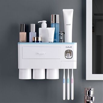 ASWEI A1909 3 kopper tandbørsteholder vægmonteret med tandpasta dispenser, bakke, skuffe og 3 børsteåbninger til badeværelser
