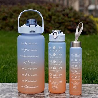 3 STK PC Sportsvandflaskesæt drikkeflaskekopper med drikketid, volumenskala, halm (BPA-fri, ingen FDA-certificeret)
