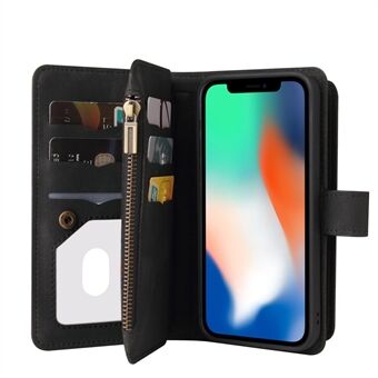 Skin-touch Feel Mobiltelefon Lædercover Multi Card Slots Stand Wallet Case med lynlåslomme og snor til iPhone X/XS