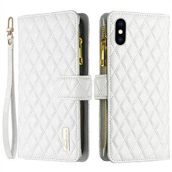 BINFEN COLOR BF Style-15 til iPhone X / XS  Fuld beskyttelse Telefon Case Stand Wallet Mat PU læder Rhombus mønster påtrykt skal med lynlåslomme