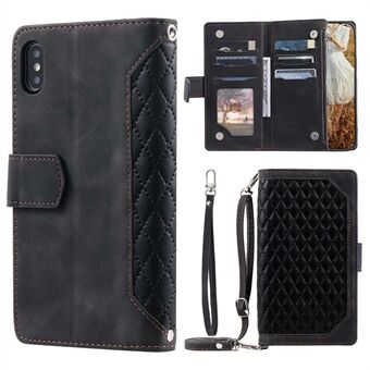 Rhombus Texture Phone Case til iPhone X / XS , 005 Style Multiple Card Slots Lynlåslomme PU-lædercover med skulderrem og håndrem