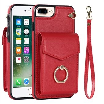 Til iPhone 7 Plus / 8 Plus 5,5 tommer PU-lædercoated TPU Accordion Style Case Ring Kickstand RFID-blokeringskortholdere Telefoncover med rem