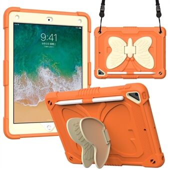 Tofarvet sommerfugleformet støtte-pc + silikone Anti-fald-beskyttende tabletcover Shell med skulderrem til iPad  (2018)/(2017)/iPad Air 2
