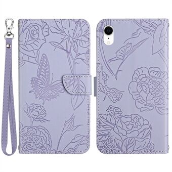 For iPhone XR  Skin-touch Feeling Leather Smartphone Case Butterfly Flower Pattern Imprinted Flip Wallet Phone Cover with Wrist Strap