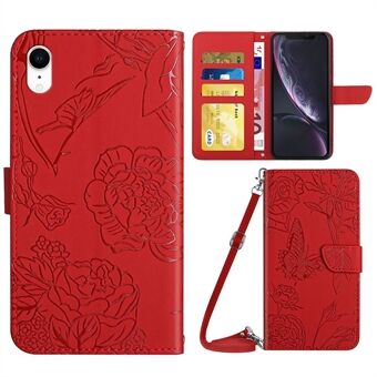 For iPhone XR  Stand Phone Case PU Leather Imprinting Butterflies Flower Pattern Wallet Shell with Shoulder Strap