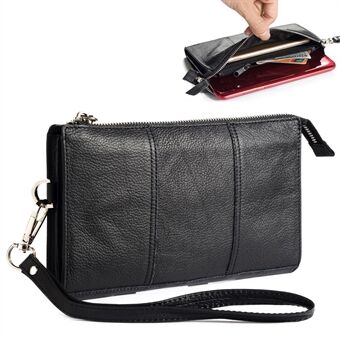 6,5 tommer Universal telefonpose ægte læder taljetaske lynlås bærbar håndtaske med rem til smartphones - sort
