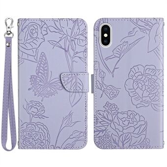 For iPhone XS Max  PU Leather Case Folding Stand Skin-touch Feeling Butterfly Flower Pattern Imprinted Flip Wallet Phone Cover with Wrist Strap