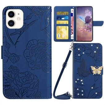 Rhinestone Decor PU lædercover til iPhone 11 , Butterfly Flowers præget Stand tegnebog Skin-touch telefonetui med skulderrem