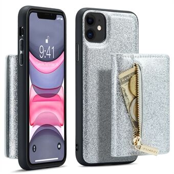 DG.MING M3-serien til iPhone 11 6,1 tommer lynlåslomme Magnetisk aftagelig 2-i-1 telefoncover Glitter PU-læderbelagt PC+TPU Kickstand Wallet Case
