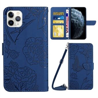 For iPhone 11 Pro  Butterfly Flowers Imprinting PU Leather Phone Shell, Pattern Imprinting Design Wallet Stand Case with Shoulder Strap