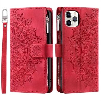 Mandala Flower Imprinted Phone Case til iPhone 11 Pro 5,8 tommer, lynlåslomme Stand Flere kortpladser Fuld beskyttelse PU-læder telefoncover med rem