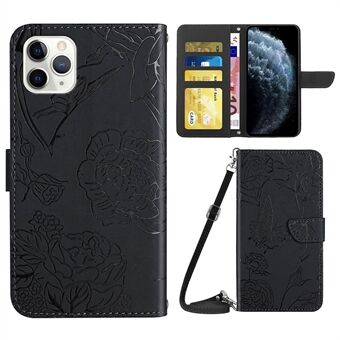 Wallet Phone Case for iPhone 11 Pro Max  PU Leather Butterfly Flowers Imprinting Phone Shell Shockproof Stand Case with Shoulder Strap