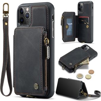 CASEME C20 Series RFID-blokerende telefontaske til iPhone 11 Pro Max 6,5 tommer, Kickstand tegnebog Lynlåslomme PU-læderbelagt TPU Anti-fald-bagcover med rem