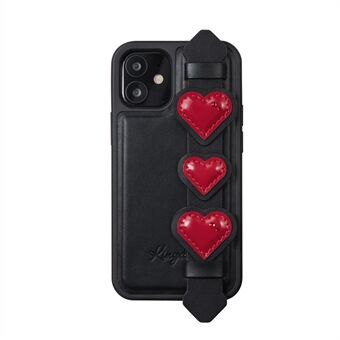 KINGXBAR Heart and Flower Decor + Authorized Swarovski Rhinestone Leather Phone Cover Case with Hand Holder Strap for iPhone 12 mini