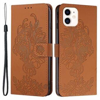 Tiger and Flower Imprint Læder Mobiltelefon Taske med Stand til iPhone 12 mini 