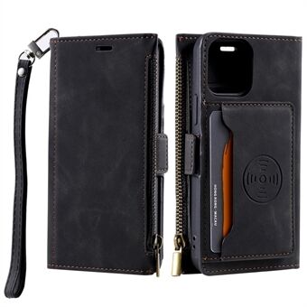Velbeskyttet anti-drop læder cover med lynlås tegnebog og snor til iPhone 12 mini 