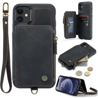 CASEME C20-serien til iPhone 12 mini 5,4 tommer PU-læderbelagt TPU-lommeetui med lynlås RFID-blokerende tegnebog Kickstand Beskyttende telefoncover med rem