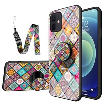 Farverigt blomstertryk glas hybrid telefon cover etui med kickstandsnor til iPhone 12 Pro/ 12
