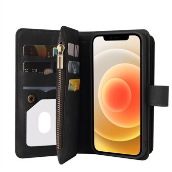 Stand tegnebog Læder Flip Shell Skin-touch Feel telefonetui med flere kortpladser og lynlåslomme til iPhone 12/12 Pro 