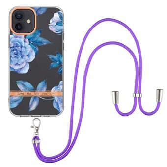 Til iPhone 12/12 Pro  YB IMD-9 Series Blomstermønster IMD galvaniseringscover Blød TPU Stilfuldt telefonskalcover med snor