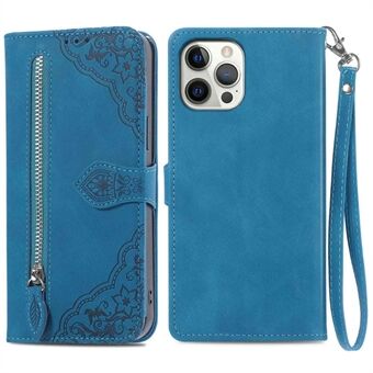 Til iPhone 12/12 Pro  præget læder Dobbeltsidet magnetisk lås Mobiltelefon taske Lynlås Lomme Design Folio Flip Wallet Protector med Stand