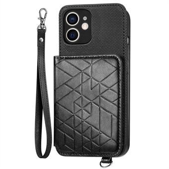 Til iPhone 12 Pro  / 12  Kickstand Design tegnebogscover Geometri præget PU-læderbelagt TPU-telefonbagcover med håndledsstrop
