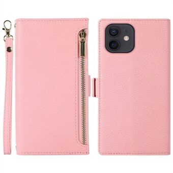 Til iPhone 12/12 Pro  lynlåslommedesign Litchi Texture telefonetui, PU-læder Flip Cover Stand tegnebog med rem