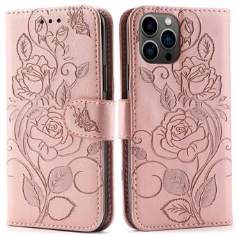 Imprinted Roses Phone Case For iPhone 12 / 12 Pro , Drop-proof PU Leather Flip Cover Wallet Stand Protective Phone Shell