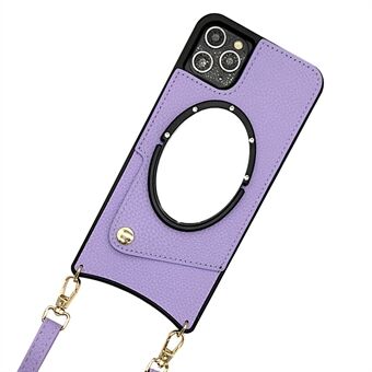 Til iPhone 12/12 Pro 6,1 tommer Fish Tail Design Spejl PU-læder + TPU-etui Anti-ridsekortholder Telefoncover med skulderrem
