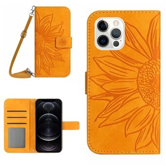 Til iPhone 12/12 Pro 6,1 tommer Stand -påtrykt solsikke-telefonbogholder-etui Skin-touch PU-læder Folio Flip Cover med skulderrem