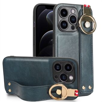 Faldsikkert cover til iPhone 12 / 12 Pro 6,1 tommer Armbånd Kickstand Læderbelægning PC+TPU telefontaske med halsstrop
