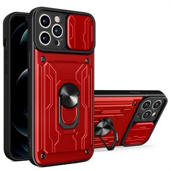 Multifunktionelt PC + TPU telefonetui Kickstand Kortholder Beskyttelsescover med Slide Camera Protector til iPhone 12 Pro 