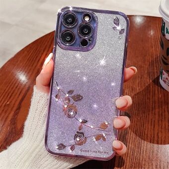 Gradient Glitter Powder Beskyttelsescover til iPhone 12 Pro 6,1 tommer, Blomstermønster Rhinestone Decor Blødt TPU Anti-drop etui