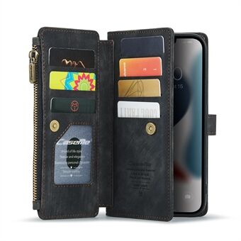 CASEME C30 Series Anti-Fall Multi Card Slots Lomme med lynlås PU læder telefontaske med Stand til iPhone 12 Pro Max 6,7 tommer - Sort
