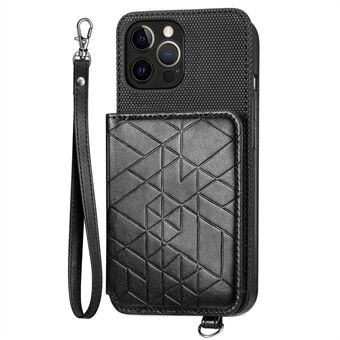Til iPhone 12 Pro Max  Kickstand PU-læderbelagt TPU-telefonetui Geometri præget anti-ridse-pungcover med håndledsrem