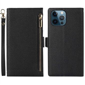 Til iPhone 12 Pro Max  lynlås lommedesign Litchi Texture telefonetui, PU læder stødsikker flip cover tegnebog med rem