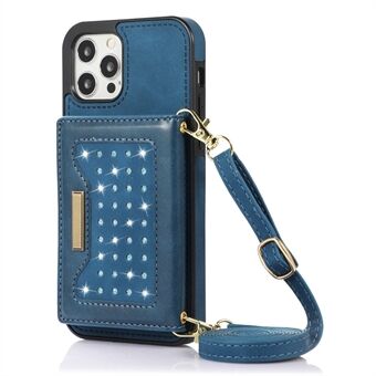 Til iPhone 12 Pro Max 6,7 tommer Rhinestone Decor Lædercoated TPU Kickstand Case RFID-blokerende telefonpungcover med skulderrem
